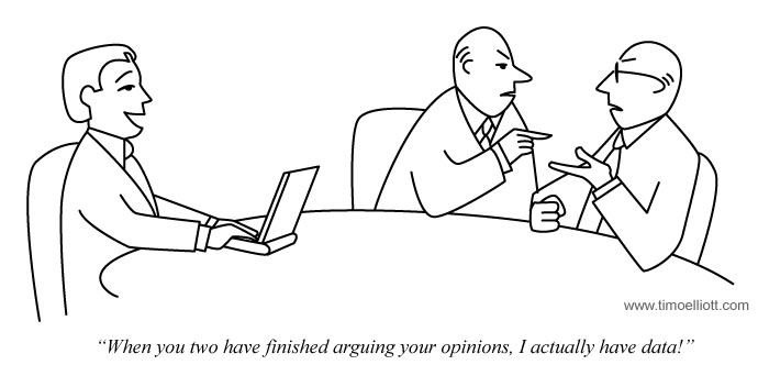 A cartoon showing two people arguing at a table, and a third person, the data analyst is at his laptop. He is smiling and says *When you two have finished arguing your opinions, I actually have data*.